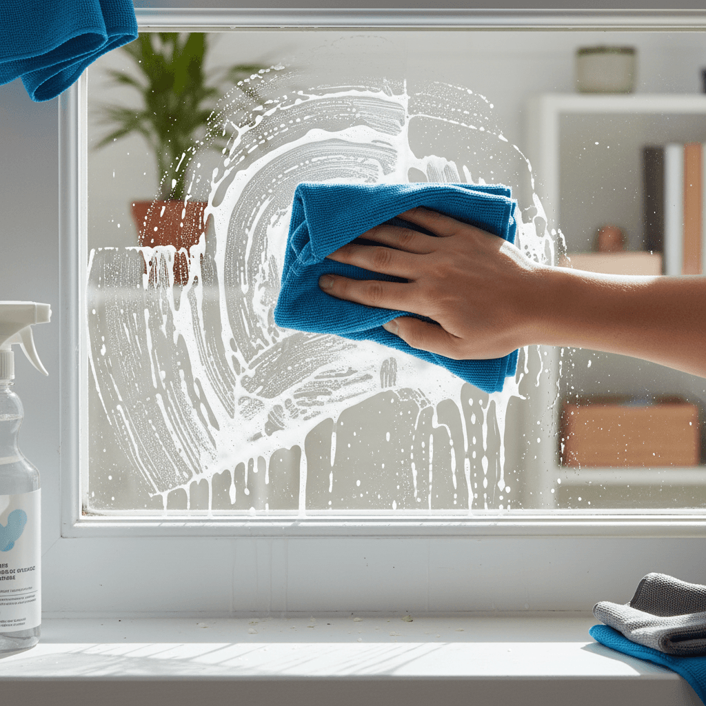 Close-up of a brown skin tone hand wiping an interior residential window with a microfiber cloth and soapy water