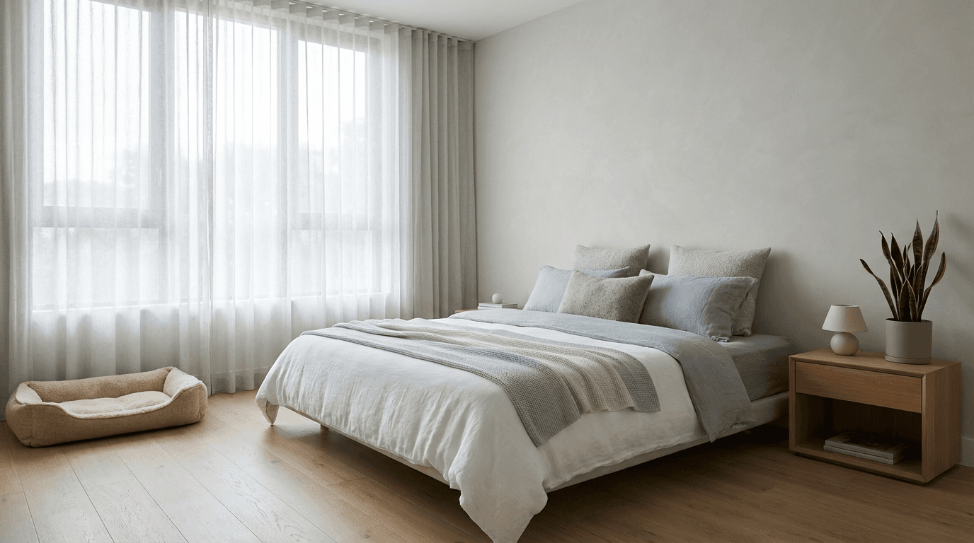 Neatly made bed in a bright modern bedroom with neutral tones