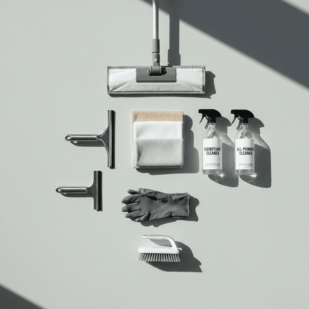 Organized professional cleaning supplies and tools arranged on polished commercial floor in flat-lay composition
