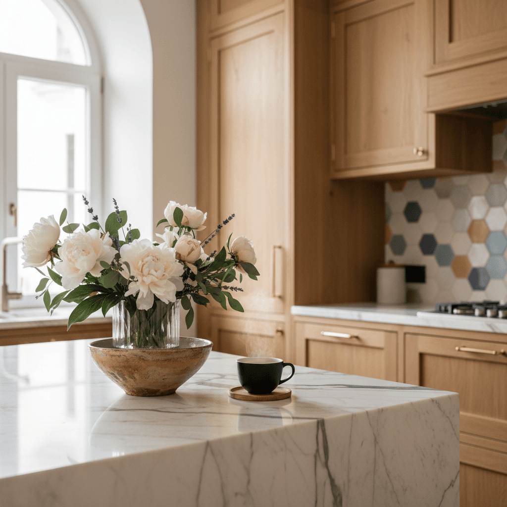Close-up of luxury apartment kitchen with marble countertop, ceramic dishware, fresh flowers, and period cabinetry details