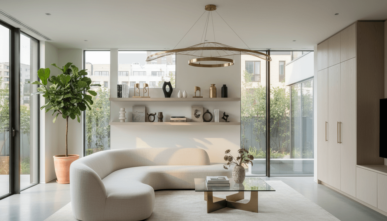 Sunlit modern living room with clean surfaces and warm neutral tones
